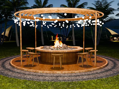 Outdoor Fire Pit Area With Wooden Structure String Lights And Palm Trees 3d model