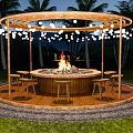 Outdoor Fire Pit Area With Wooden Structure String Lights And Palm Trees