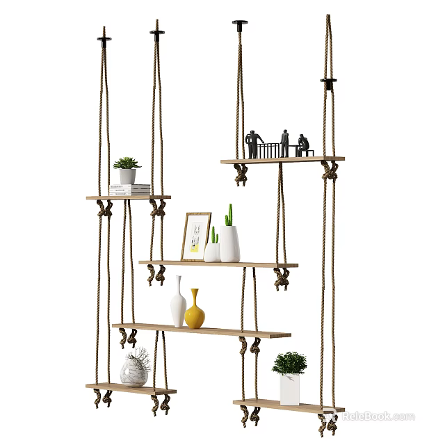 Decorative Rope-Hung Wooden Shelves for Home Decor with Potted Plants Photo Frame and Vases 3d model 