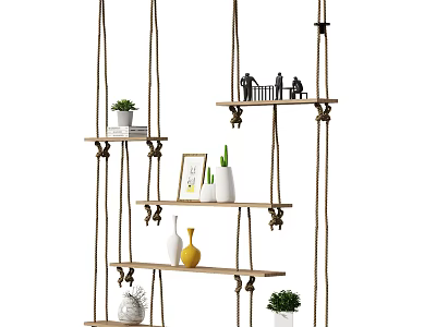 Decorative Rope-Hung Wooden Shelves for Home Decor with Potted Plants Photo Frame and Vases 3d model