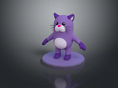 Purple Cartoon Cat With White Belly Pink Nose Black Whiskers Standing On Round Base 3d model