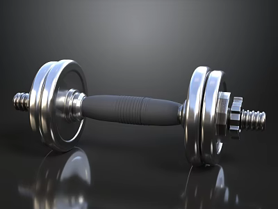 Silver Metal Dumbbell With Black Handle On Smooth Reflective Surface 3d model