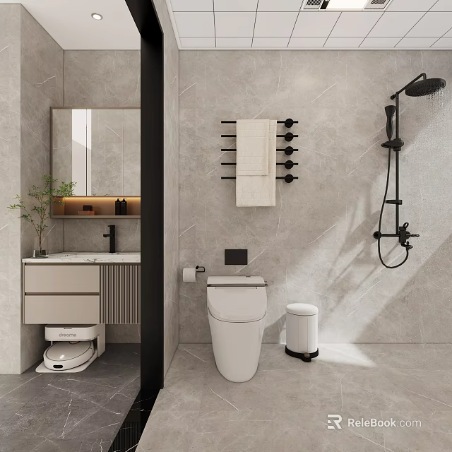 Modern Bathroom With Vanity Smart Toilet Towel Rack And Shower 3d model 