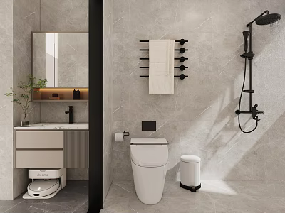 Modern Bathroom With Vanity Smart Toilet Towel Rack And Shower 3d model