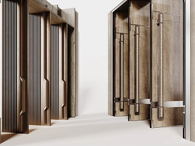 Modern Wooden Double Doors With Vertical Slats For Elegant Home Interior Design 3d model