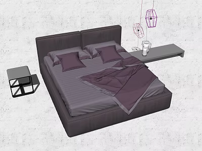 Dark Purple Double Bed With Pillows Duvet Nightstand And Hanging Lamps On Gray Wall 3d model