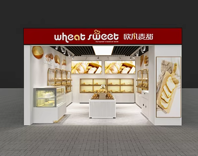 Wheat Sweet Dessert Shop Interior With Bread Pastry Display Shelves And Glass Counter 3d model