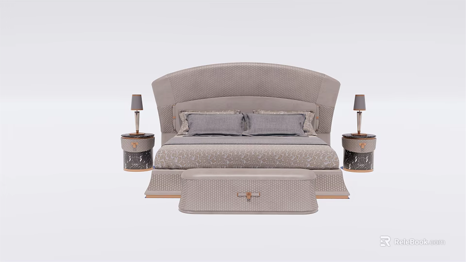 Modern Light Colored Double Bed With Curved Headboard Footstool Bedside Tables And Table Lamps 3d model