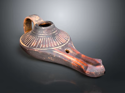Ancient Handcrafted Ceramic Wine Vessel With Carved Patterns Handle And Spout On Dark Background 3d model