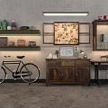 Vintage Garden Decor With Black Bicycle Wooden Cabinet And Green Plants On Shelves