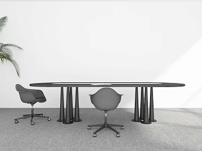 Modern Black Oval Conference Table With Tapered Legs And Gray Office Chairs 3d model