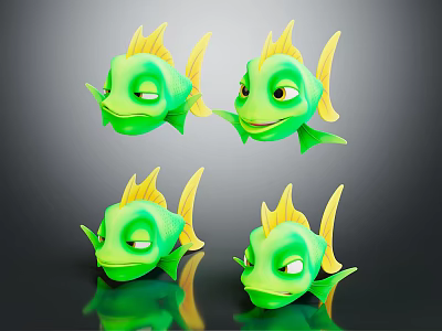 Green Cartoon Fish With Yellow Fins And Varied Expressions In Four Poses 3d model