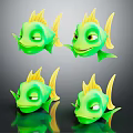 Green Cartoon Fish With Yellow Fins And Varied Expressions In Four Poses