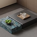 Modern Coffee Table With Blue Textured Top Green Apples Wooden Tray Glass Cups And Bottle
