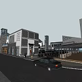 Modern Commercial Street With Perforated Wall Buildings Tower Outdoor Seating And Stone Paved Road