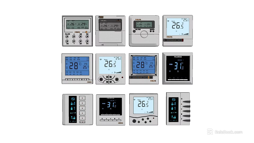 Different Thermostat Switch Panels With Digital Display And Temperature Control Features 3d model 