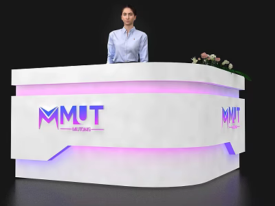 Modern MMUT Reception Desk With White Design Purple Lighting And Flower Decor 3d model
