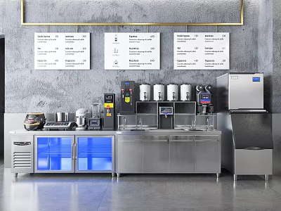 Modern Bubble Tea Shop Interior With Stainless Steel Workstation And Menu Boards 3d model
