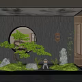 Zen Indoor Landscape With Bonsai Pine Tree Circular Window Moss Stones And Lantern