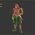 Man Wearing Traditional Red Samurai Armor With Helmet And Green Pants