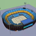 Sports Stadium Design With Blue Yellow Stands Floodlights And Central Court