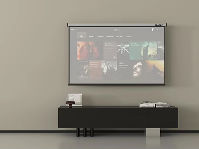 Modern Black TV Stand With Projector Screen And Decorative Items In Living Room 3d model