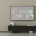 Modern Black TV Stand With Projector Screen And Decorative Items In Living Room