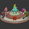 Game and Movie Characters with Armored Main Figure and Animal Like Sidekicks on Circular Platform