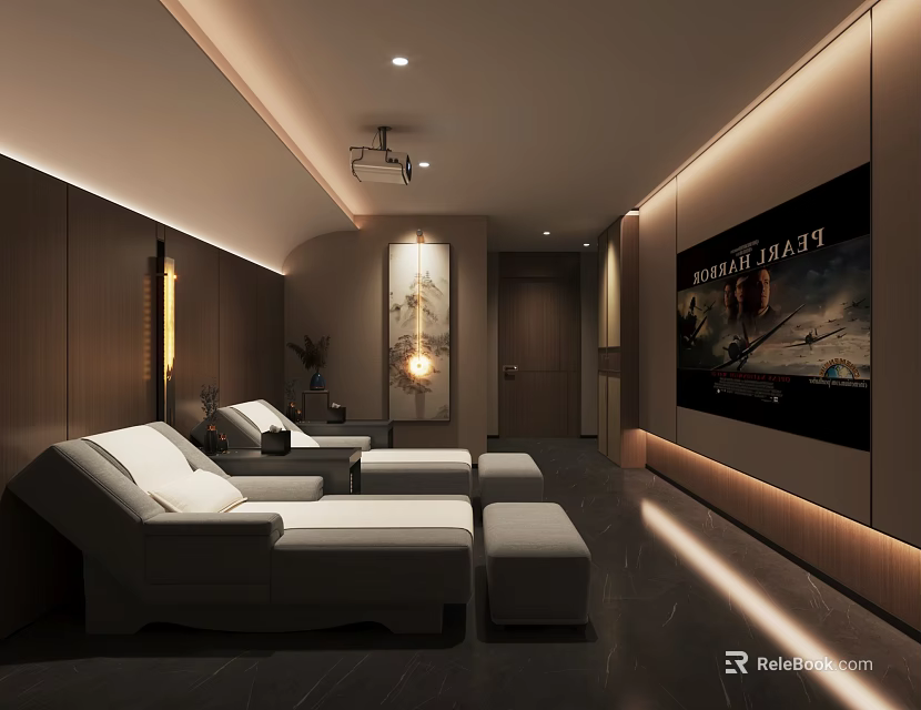 Luxury SPA Sauna Interior With Comfortable Loungers Soft Lighting And Decorative Art 3d model 