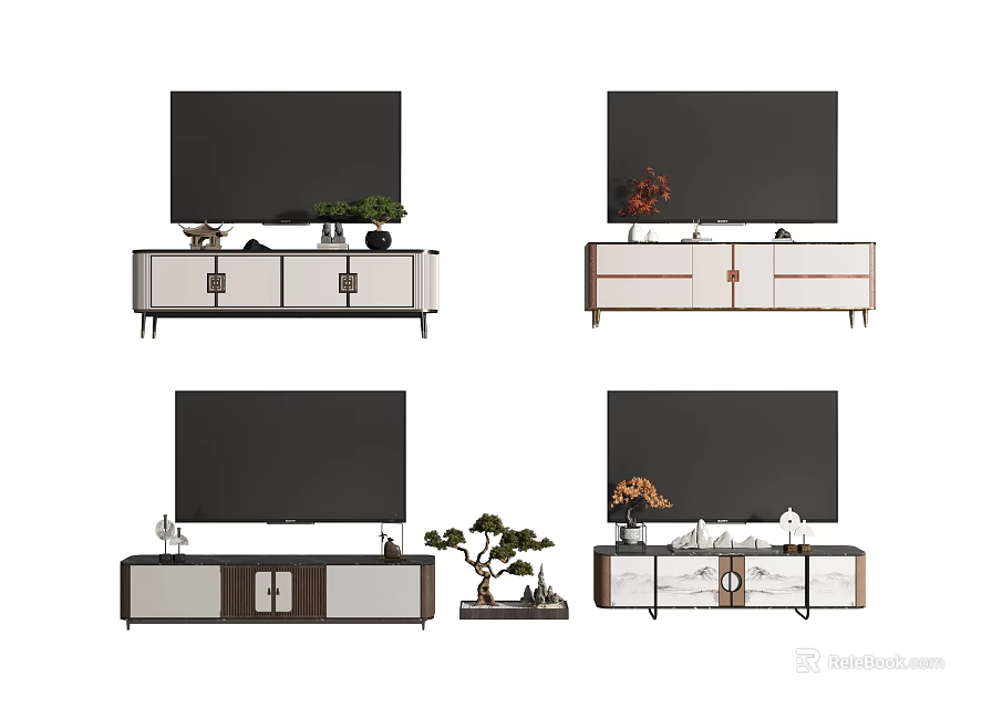 Modern TV Stand Designs With TV Decorative Items And Storage Cabinets 3d model