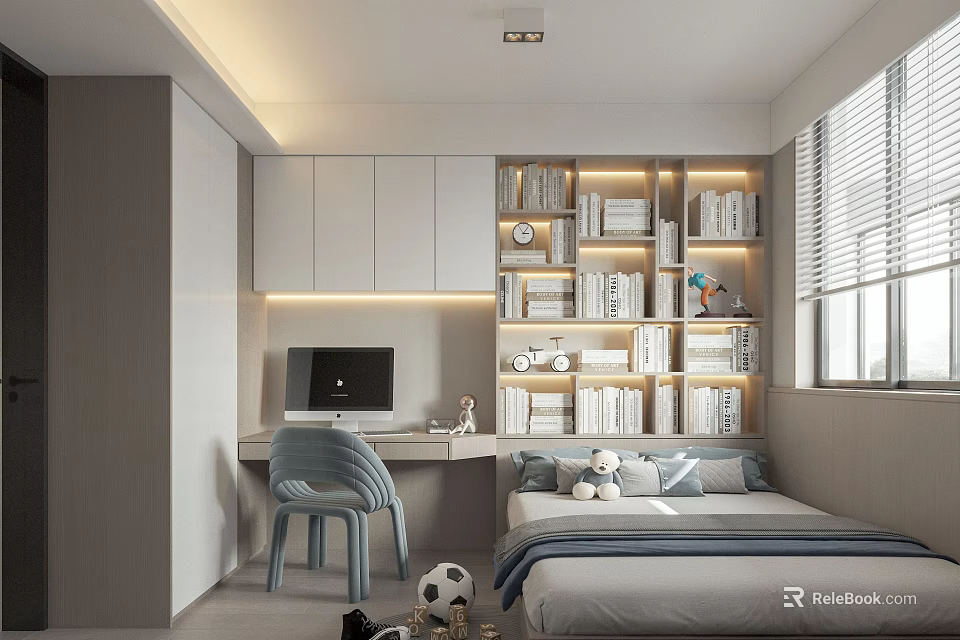 Modern Tatami Bedroom Interior Design With Study Desk Bookshelves And Window Blinds 3d model 
