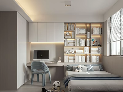 Modern Tatami Bedroom Interior Design With Study Desk Bookshelves And Window Blinds 3d model
