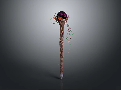 Enchanted Magic Staff With Purple Orb Wooden Shaft Vines And Green Accents 3d model
