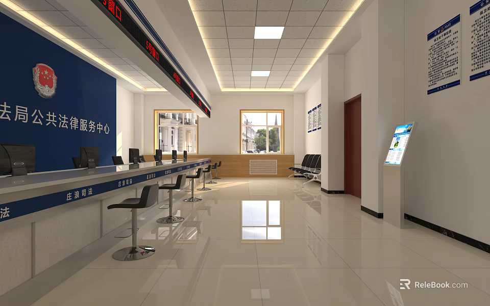 Modern Public Legal Service Hall With Service Counter Computers Seats And Self Service Kiosk 3d model 