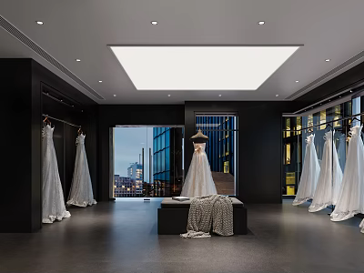 Bridal Shop Interior With Hanging Wedding Dresses Mannequin Display And City View Windows 3d model