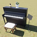 Black Upright Piano With White Cushion Stool Music Stand And Decorative Vase On Grassy Area