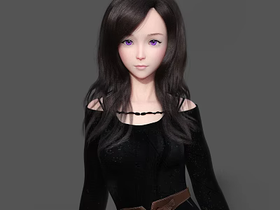 Woman With Long Black Hair Purple Eyes In Black Off Shoulder Top And Brown Belt 3d model