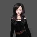 Woman With Long Black Hair Purple Eyes In Black Off Shoulder Top And Brown Belt