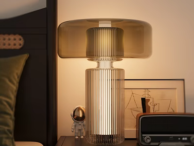 Modern Table Lamp With Striped Glass Base And Translucent Shade In Bedroom Setting 3d model