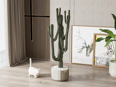 Cactus Potted Plant In White Stone Pot With Small Rabbit Ornament And Decorative Paintings Indoor 3d model