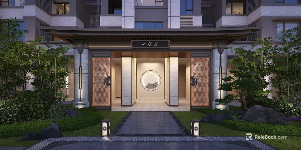 Traditional Chinese Entrance Gate Of Building With Circular Pattern Green Plants And Lighting 3d model 
