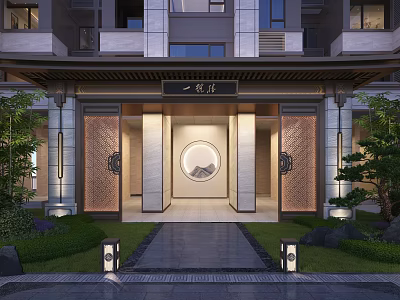Traditional Chinese Entrance Gate Of Building With Circular Pattern Green Plants And Lighting 3d model