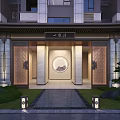 Traditional Chinese Entrance Gate Of Building With Circular Pattern Green Plants And Lighting