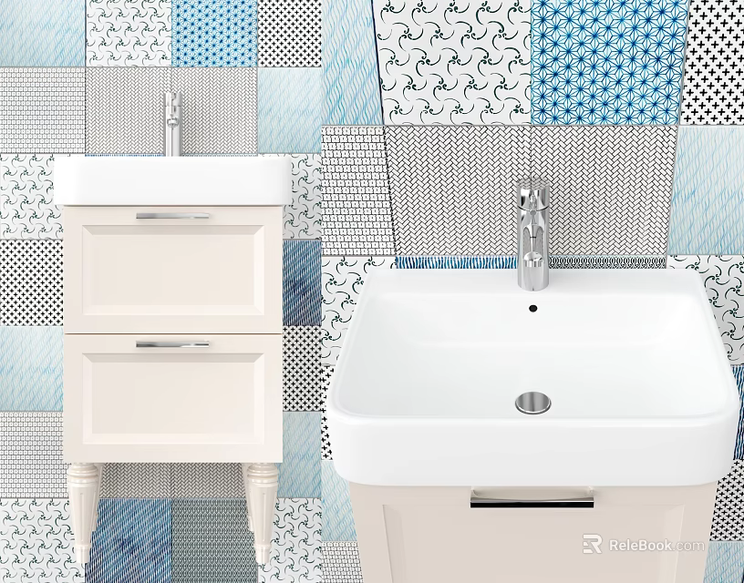 Modern White Washbasin Vanity With Colorful Patterned Tiled Wall Design 3d model 