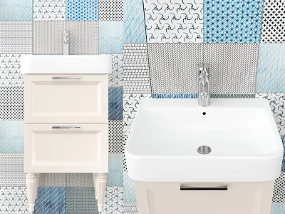Modern White Washbasin Vanity With Colorful Patterned Tiled Wall Design 3d model