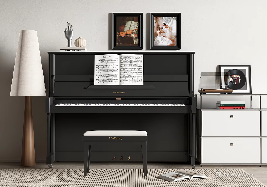 Black Piano With Sheet Music In Artistic Living Room 3d model 