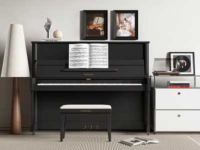 Black Piano With Sheet Music In Artistic Living Room 3d model
