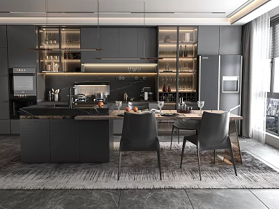 Modern Restaurant Kitchen Interior With Dark Cabinets Marble Island Pendant Lights And Dining Chairs 3d model