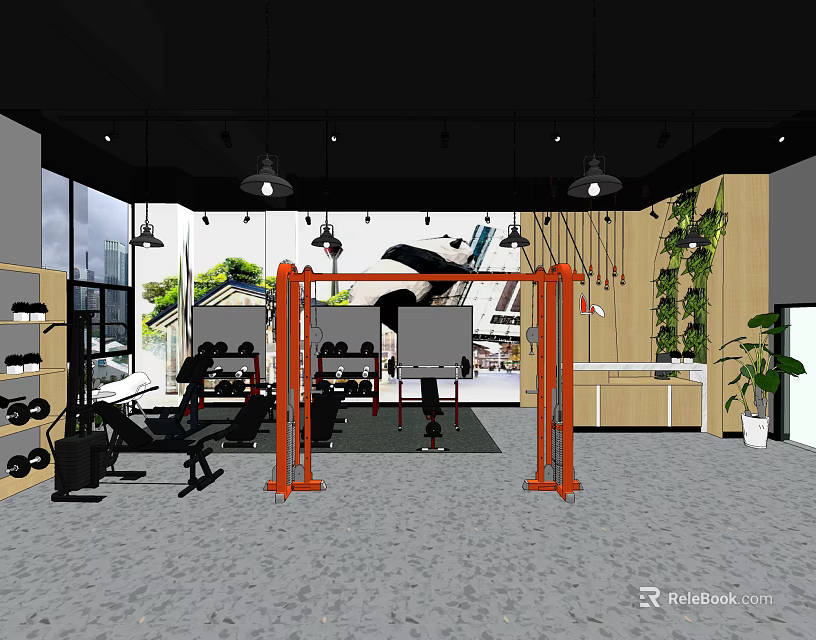 Modern Fitness Gym Interior With Workout Equipment Green Plants And Training Space 3d model 