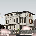 Traditional Style Detached Villa With White Exterior Arched Windows Sloped Roof And Greenery
